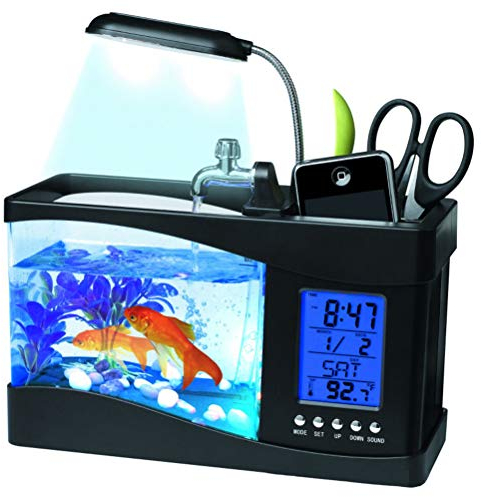 Qcwwy Ornamente, Mini-Aquarium, Aquarium mit LED-Lampe, LCD-Display, Uhr, Aufbewahrungsbox, Mini-Aquarium-Box, Multifunktionaler USB (Schwarz)