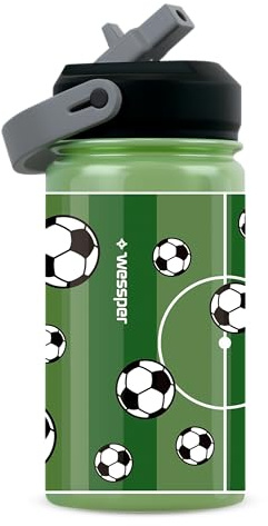 Wessper Trinkflasche Kinder mit Trinkhalm 410 ml Edelstahl, Auslaufsicher, Federleicht | 1-Klick Verschluss, BPA-Frei, für Kindergarten oder Schule, Sport - Grün mit Fußballmotiv