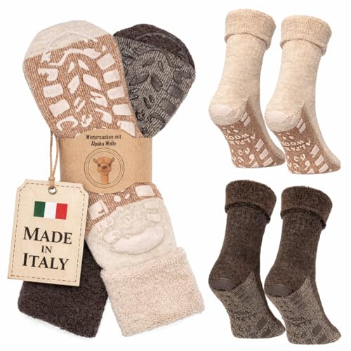 MOUNTREX Stopper Socks Alpaca Socks Non-Slip Wool Socks Women Men Winter Socks - Warm ABS House Socks Thick Non-Slip Socks - 2 Pairs, beige / brown, 43-46