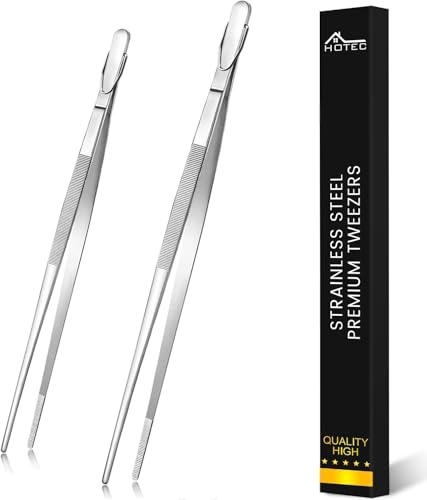 Hotec Pinzas de cocina de acero inoxidable, pinzas de cocina profesionales para cocinar, asar y hornear, pinzas extralargas, juego de 2-10 y 12 pulgadas