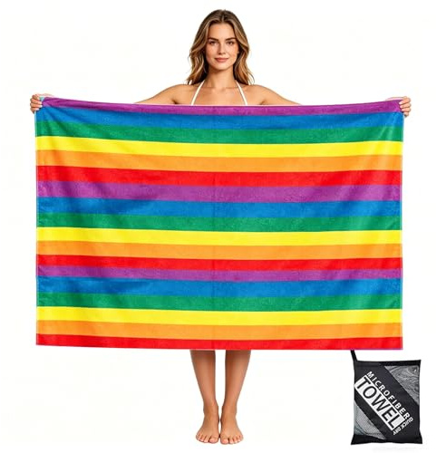 yayafunfun Large Quick Dry Microfibre Beach Towels for Adults,160X90cm Rainbow Bath Towel Travel Towels with Pockets,Lightweight Beach Towel for Women Men Sun Lounger Travel Swim Holiday Sport