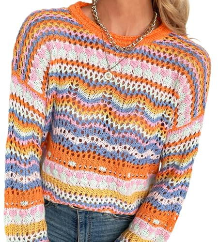 IBAKOM Maglione da donna all'uncinetto vintage a maniche lunghe girocollo a righe arcobaleno maglione casual sciolto maglione superiore lavorato a maglia, Arancione, XL
