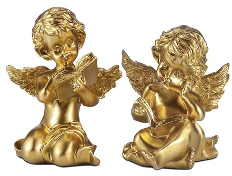 Goetland Set of 2 Cherubs Baby Angel Statue Figurine Garden Angel Sculpture Table Centerpieces Mothers Day Women Nurses Gift Artificial Resin 4 Inch Gold
