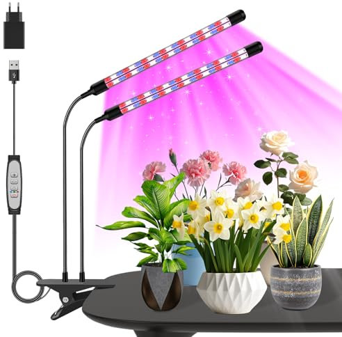 1 confezione da 2 teste lampada a LED, luce per piante, spettro completo, lampada per piante con timer, 3 modalità di colore e 5 livelli dimmerabili, lampada per piante da interno (rosso + blu)
