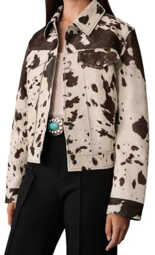 JOLILUNA Cow Print Jacket for Women Western Cowgirl Outfit Button Up Cropped Jacket Fall Aesthetic Streetwear, White and Brown, M