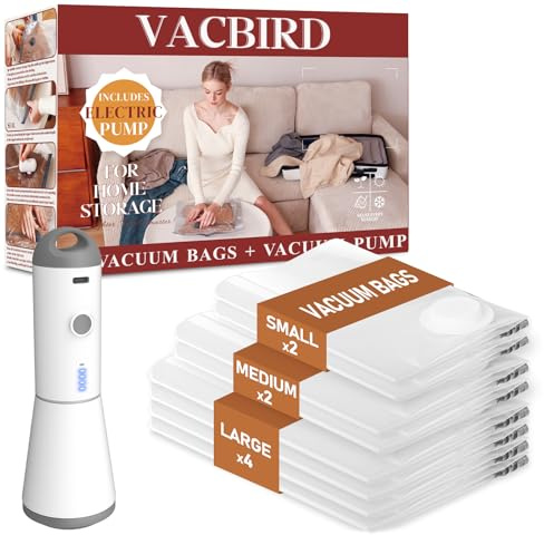Vacbird Vacuum Storage Bags with Wireless Electric Air Pump, 8-Pack Airtight Compression Bags for Clothes, Blankets, Home Storage