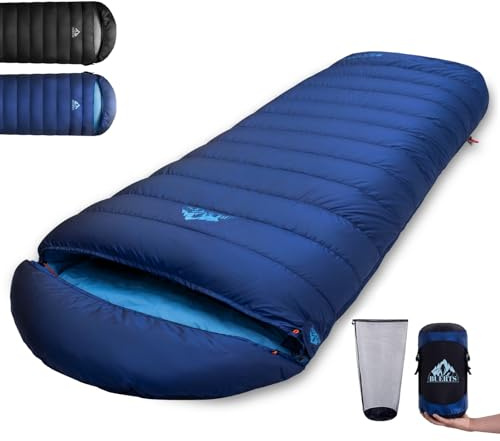 BUERTS Ultralight Down Sleeping Bag,Lightweight Portable 3-4 Season Single Sleeping Bag for Adults Hiking,Car Camping,Backpacking&Festival Use-680FP Down. (Blue -6℃ to -12℃)