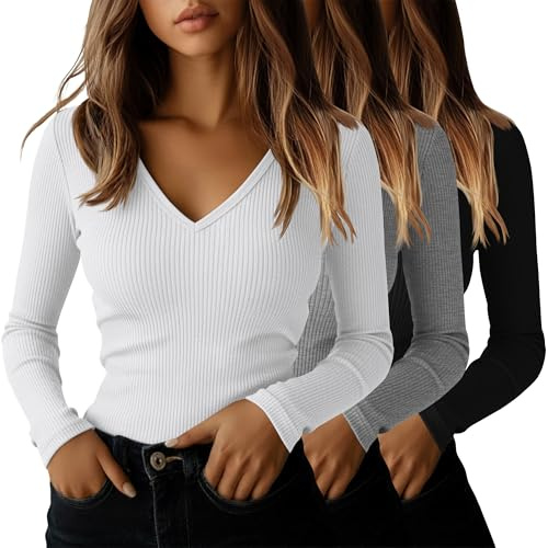 Ficerd Paquete de 3 Camisetas para Mujer | Tops De Algodón Con Escote En V, Atuendos Informal De Negocio, Camisetas Básicas Ajustadas Para Debajo Del Uniforme