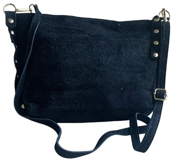 Sac bandoulière en daim italien avec clous sur les côtés. Bandoulière réglable et interchangeable. Fermeture à glissière. Intérieur doublé avec poche intégrée. Poche arrière., Noir , 6.2 liters