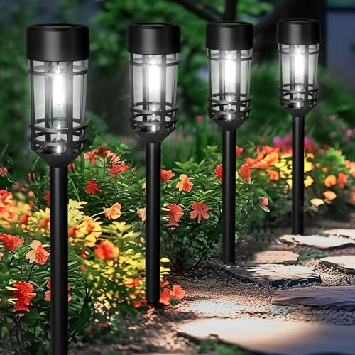 GIGALUMI Solar Lights Outdoor Garden 4 Pack, Waterproof Solar Powered Pathway Lights Outdoor, Tungsten Glow for Yard Path Patio Landscape Walkway（Cold White）