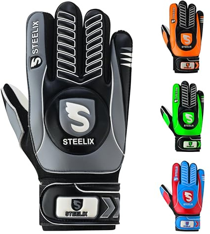 Steelix Junior Football Goalkeeper Gloves for Boys, Kids, and Youth Soccer Goalie Gloves with Super Grip Palms and Durable Protection