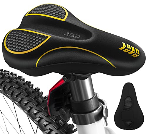 Gel Bike Seat Cover Padded for Women&Men, MSDADA Soft Exercise Bike Seat Cushion, Non-Slip Waterproof Gel Bicycle Seat Cover for Bike, Velcro Bike Saddle Cushion for Outdoor Indoor Cycling(Yellow)