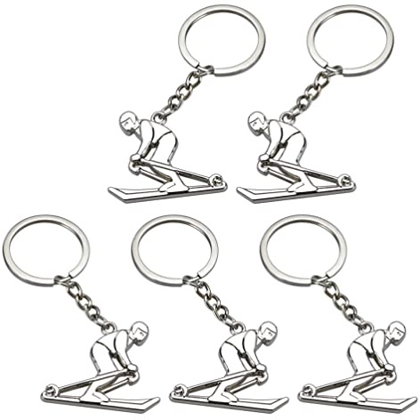 Warmhm 5 stycken skidåkning nyckelringar skid-atlet nyckelring skidor charm metall skidåkare nyckelring, Silver