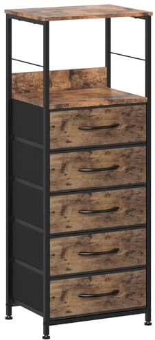 Kommode mit 5 Stoff-Schubladen, Industrieller Stil Schrank, Aufbewahrungsschrank mit Holzplatte, Aufbewahrungskommode für Schlafzimmer, Flur, Eingangsbereich, Wohnzimmer, Rustikales Braun und Schwarz