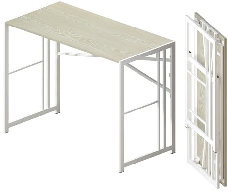 Lutown-Teen Scrivania Pieghevole 103 cm, Scrivania Da Campeggio Per Computer Da Gioco, Tavolo Da Ufficio Per La Casa Senza Necessità Di Montaggio, Naturale e Bianco