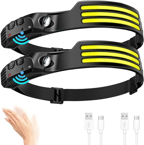 PARAROSE LED Rechargeable Head Torch (2 PCS), 230° Wide Beam Head Lamp with Motion Sensor, Waterproof Head Light Flashlight for Hiking, Running,Camping, Fishing, Cycling