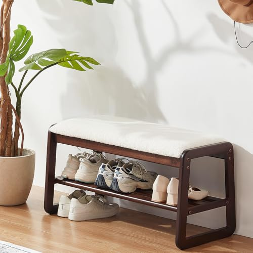 Achicsofar Shoe Rack Bench,2 Tier Solid Wooden Entryway Bench with Shoe Storage, Shoe Rack with Cushion for Living Room, Hallway(Cream White, 31.5)