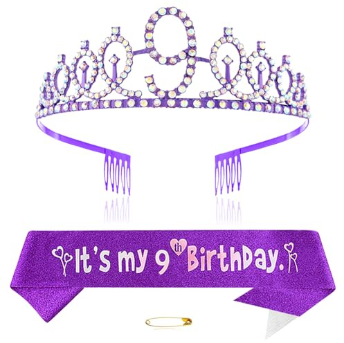 Diadème violet pour 9e anniversaire avec couronne de princesse en cristal - Bandeaux d'anniversaire - Décorations d'anniversaire - Kit de vêtements d'anniversaire - Accessoires de fête, mix, Métal non