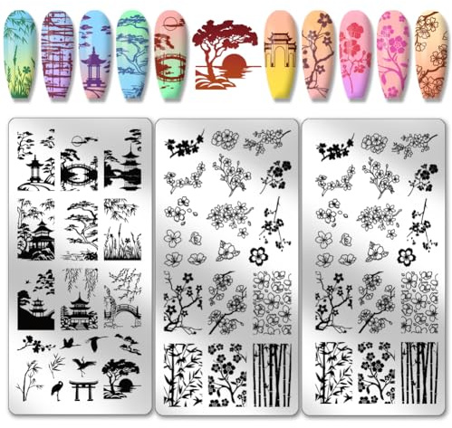 PH PandaHall 3pcs Modèles de Nail Art Jardin Chinois Classique Plaque D'Estampage de Ongles de Style Ancien Pochoirs de Nail Art Pavillon de Fleurs de Prunier Paysage pour la Conception des Ongles