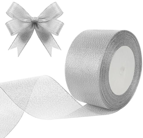 HOTUT Nastro di raso argentato largo 50 mm e largo 22 m, nastro decorativo per confezioni regalo, bouquet da sposa, fai da te, decorazione di compleanno