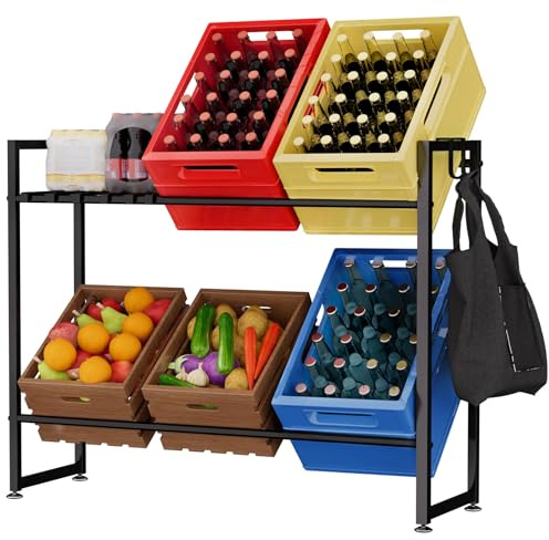 Yorbay Getränkekistenregal für 6 Kisten, Getränkekistenständer aus Metall mit Langen und Kurzen Haken, Bierkistenregal Wasserkasten Regal für Bier Obst Gemüse Wasser, Tragfähigkeit 200kg