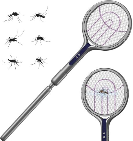 Tapette à mouches électrique, 2800 V, avec tige d'extension, tête rotative à 90°, pour moustiques, mouches, guêpes, mites