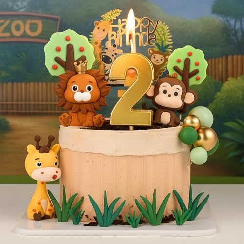 2st Birthday Safari Cake Toppers Set - 3D Lion, Monkey, Giraffe with Number 2 Candle, 8 Grass, Trees & Balls - 21PCS Jungle Animal Cake Decorations Kit for Boys Girls 2 Year Old Party (2st)