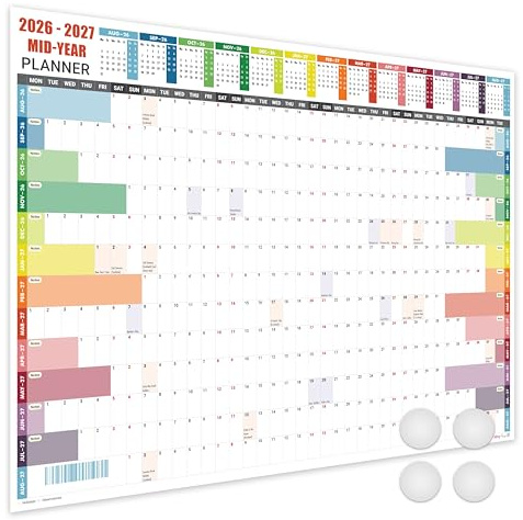 Planning mural scolaire 2025-2026 A1 laminé - Calendrier 13 mois mi-année 25/26 - Jours fériés marqués - Espace notes