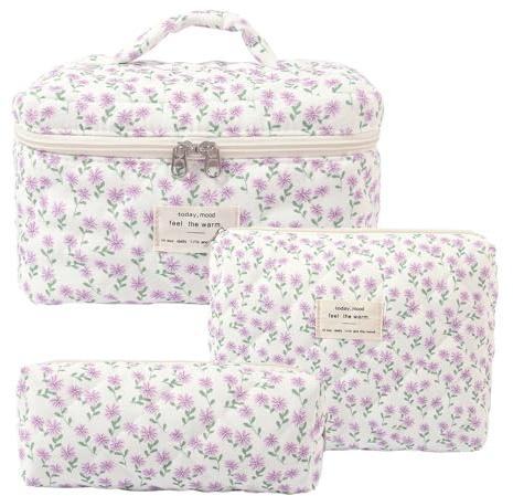 Aucuu Beauty Case, 3 Pezzi Floreale Grande Capacità per Il Trucco, Borsa da Toilette Trapuntata, Beauty Case da Viaggio Cotone Morbido, Beauty Trapuntato Grandei da Toilette Makeup Bag Organizer