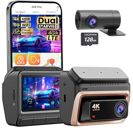 DDPAI Z60 Pro Dashcam Auto 4K, Dual STARVIS 2 IMX678 60FPS HDR, eMMC Integrata 32GB + Scheda 128GB Gratuita, Visione Notturna AI-ISP, 4G LTE, WiFi 5GHz, GPS, Modalità Parcheggio 24h, Schermo IPS 3