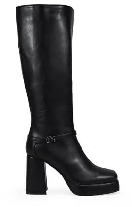 BOSANOVA Botas Altas para Mujer con Detalle de Fina Tira con Hebilla metálica y Suela de Plataforma con tacón Ancho de 9 cm. Cierre con Cremallera. Calzado para Mujer Negro 38