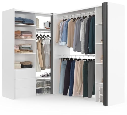 IDMarket - Vestidor extensible en ángulo Marlon 200 x 150 x 180 cm, color blanco | Con 3 armarios + 8 estantes + 3 cajones + 2 cortinas grises