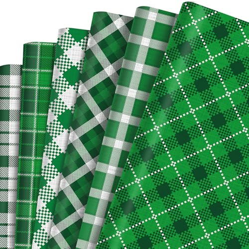 12 hojas de papel de regalo verde del Día de San Patricio Papel de regalo de cumpleaños, 6 estilos de hojas de rejilla verde para vacaciones, cumpleaños, papel de envoltura de regalos, accesorios de
