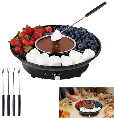 IDAMAKON Chocolate fonduta 25 W 280 ml, cioccolato elettrico, fonduta elettrica con 2 impostazioni di temperatura, una ciotola per cioccolato, frutta e biscotti e 5 fork, ideale per eventi romantici