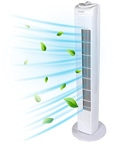 Prodex PX5229W Oscillating Tower Fan, 29 Inch, 3 Speed Settings, Bladeless Design, White