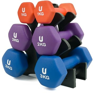 unycos - Set di 6 Manubri Antiscivolo in Neoprene, Coppia di Pesi Esagonale da 1, 2 e 3 kg per Uomini/Donne, Nucleo in Ghisa, Allenamento della Forza, Fitness, Palestra in Casa (Multicolore)
