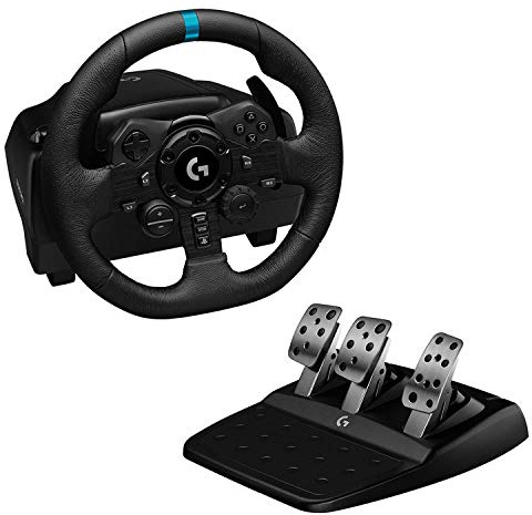 Logitech G923 Racing Wheel and Pedals for PS 5, PS4 and PC featuring TRUEFORCE up to 1000 Hz Force Feedback, Responsive Pedal, Dual Clutch Launch Control, and Genuine Leather Wheel Cover (Renewed)
