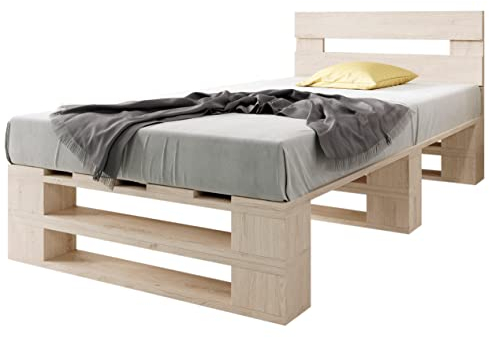 sunnypillow Palettenbett M2 aus Holz 120 x 200 cm mit Kopfteil und Lattenrost Stabiles Holzbett Seniorenbett Kinderbett erhöhtes Einzelbett Bettgestell Futonbett Komforthöhe Naturholz