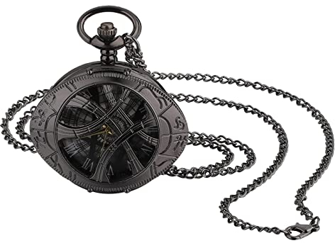 JewelryWe Retro Taschenuhr Herren Vintage Autobahnkreuz Oval Hohe Openwork Römische Ziffern Skala Analog Quarz Uhr mit Halskette Kette Kettenuhr Unisex schwarz