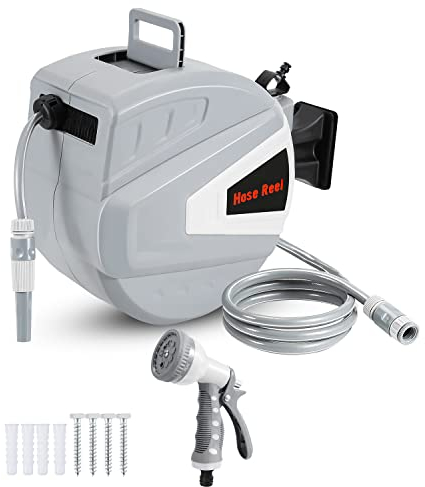 Izrielar Enrouleur de tuyau 30m+2m avec douchette et tuyau d'arrosage, Enrouleur de tuyau Enrouleur automatique, étrier pivotant à 180°, blocage à n'importe quelle longueur(gris)