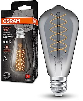 OSRAM Vintage 1906 Lámpara LED con tinte de humo, 7.8w, 360lm, Forma de Edison con 64 mm de diámetro y enchufe E27, color de luz blanca cálida, filamento espiral, dimmable
