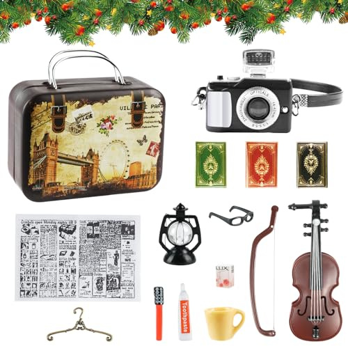 Aolso Miniature Accessories, Pack of 12 Miniature Dollhouse Set, Suitcase, Toothpaste, Toothbrush, Cup, Camera, Oil Lamp, Guitar, Books, Glasses, Newspaper, Tissue, Clothes Hanger
