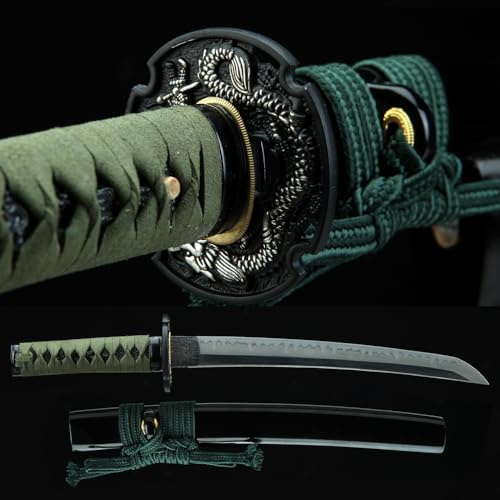 BAYCANTO Tanto Sword Handmade Full Tang Clay Tempered 1095 T10 High Carbon Steel Short Japanese Katana Real Hamon Samurai Kendo Dull Treasure Wakizashi Red Black Blue Green Sword (Brown) (Green)