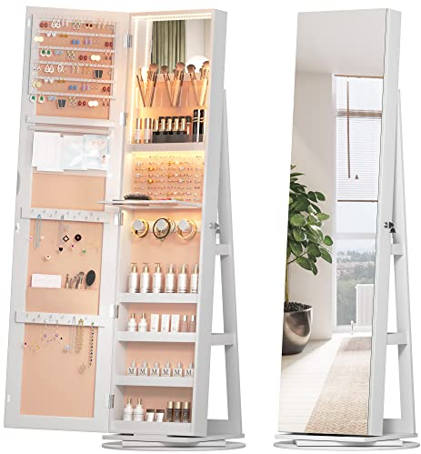 Vlsrka LED Schmuckschrank Stehend, 360° Drehbarer Schmuckschrank mit Spiegel, Schmuck Spiegelschrank Abschließbar, Moderne Schmuckspielgelschrank, Geschenke für Damen, 3 Farben LED-Licht (Weiß+Beige)