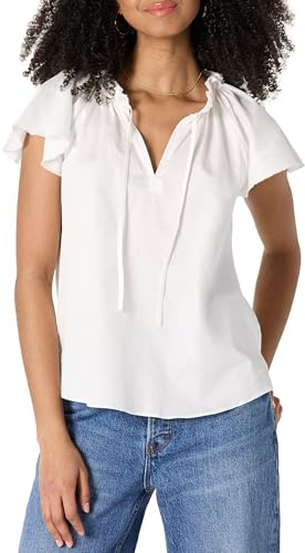 Amazon Essentials Blusa de satén de algodón con Mangas voladas para Mujer, Color Blanco, Talla S