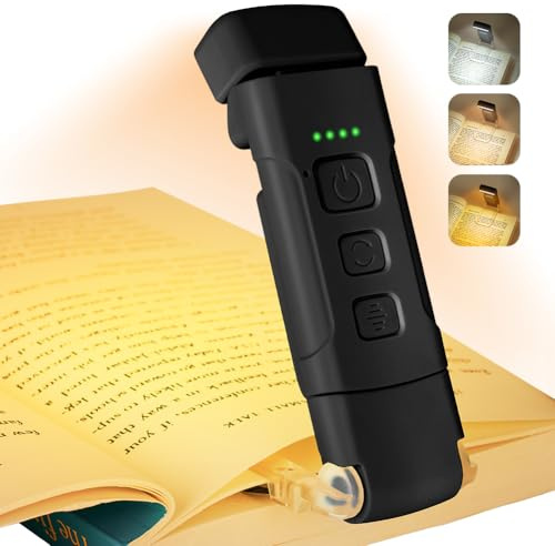 AMFUN Boklampa uppladdningsbar, ögonvänlig lä klämma på bok, 3 färger, 5 ljusstyrkor och USB uppladdningsbar, långvarig upp till 80 timmar, bärbar mini LED-boklampa för bokälskare – svart