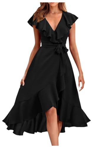 Générique Robe mi-Longue Portefeuille pour Femmes, Boho décontracté, col en V Profond, Manches Courtes, Ourlet à Volants, Robes Longues de Plage Fendues Robe Printemps Femme (Black, S)