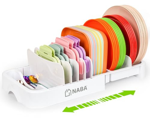 NABA Lid Organiser with Cutlery Tray –Extendable Lid Holder, 10 Adjustable Dividers for Food Container Lids, Plastic Storage for Cupboard & Countertop, Kitchen Cabinets & Drawers (Large, White)