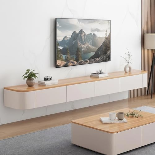 YINXSLO Floating TV Unit with Drawer, Pine Wood Wall Mounted TV Cabinet | Pre-Assembled Floating TV cabinet, Modern Media Wall Unit for Living Room, Space-Saving Floating TV Stand