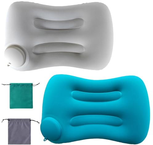 ZenyTra Lot de 2 coussins de camping gonflables, ultra légers, compressibles, avec design ergonomique, pour la plage, l'extérieur, le camping et la randonnée, avec 2 sacs de rangement (vert + gris)